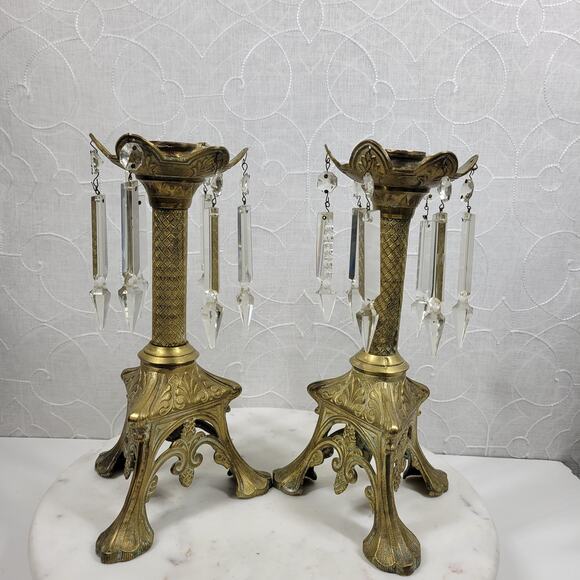 Antique Brass Candlesticks 11" Gold Candle Holder Crystal Prisms Ornate Art Deco - Picture 16 of 16